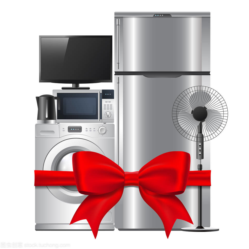 帶著弓和紅色禮品絲帶家用電器集團。白色背景上的孤立。適用于電子產品的銷售。矢量 eps 10