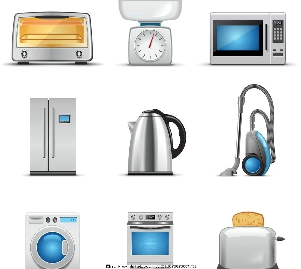 家用電器圖標圖片,電烤箱 電熱水壺 吸塵器 冰箱 洗衣機-